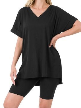 Zenana Set Black V‑Neck Tunic and Biker Shorts Set